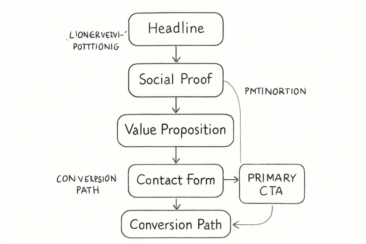 Diagramme de mise en page de landing page email à haut taux de conversion montrant le flux vertical et le positionnement des éléments de conversion clés. La mise en page devrait afficher une section de titre en haut, suivie des éléments de preuve sociale (témoignages ou badges de confiance), une section de proposition de valeur orientée vers les avantages, un formulaire ou un bouton CTA positionnés de manière visible, et des éléments de conversion supplémentaires. Utilisez un style de wireframe ou de maquette propre avec des annotations montrant le positionnement optimal et la hiérarchie. Le diagramme devrait visuellement démontrer comment ces éléments travaillent ensemble pour faire passer les visiteurs de l'attention à la conversion.
