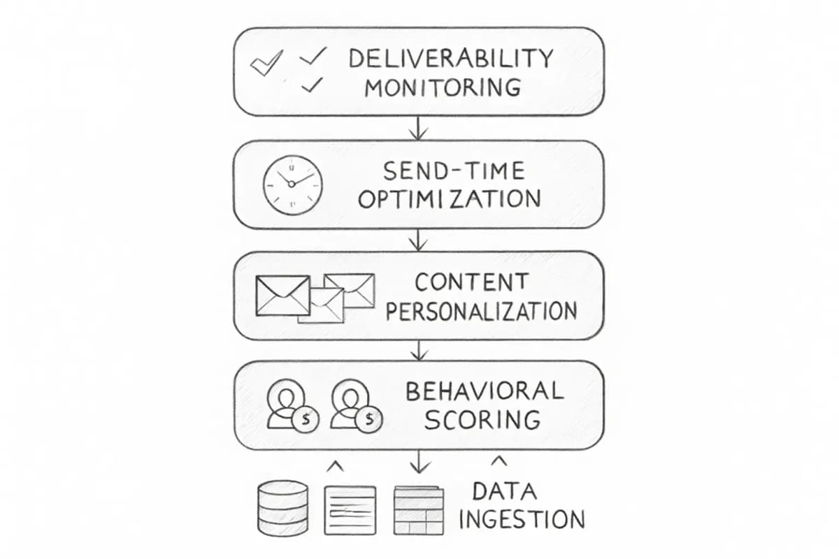 Un diagramme de pile vertical montrant le pipeline de machine learning pour le email marketing. Cinq couches empilées de bas en haut, chacune dans une couleur distincte avec des flèches de connexion entre elles. Couche inférieure: Ingestion de Données (montrant les données affluant de multiples sources). Deuxième couche: Notation Comportementale (avec profils utilisateur et indicateurs de notation). Couche du milieu: Personnalisation de Contenu (montrant les variations d'email). Quatrième couche: Optimisation du Moment d'Envoi (avec icônes d'horloge et de timing). Couche supérieure: Surveillance de Délivrabilité (avec coches et métriques de performance). Chaque couche devrait montrer comment elle s'alimente dans la couche au-dessus.