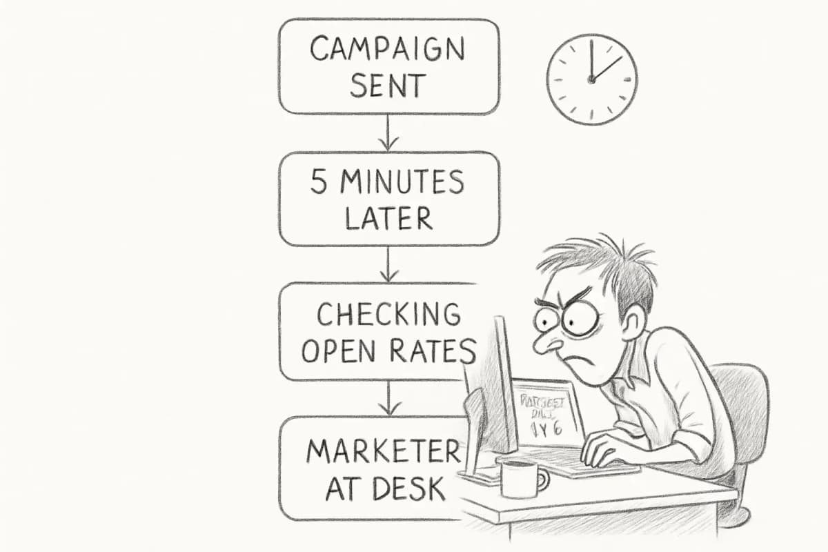 Une illustration humoristique d'un marketer à son bureau regardant intensément son écran, affichant le tableau de bord des métriques de campagne email avec les taux d'ouverture visibles. La scène capture l'énergie impatiente de vérifier les performances de la campagne peu après son envoi. Incluez une horloge montrant seulement quelques minutes écoulées. Le style doit être relatable et légèrement exagéré pour l'effet comique, transmettant l'expérience universelle du marketer surveillant obsessionnellement les résultats précoces.