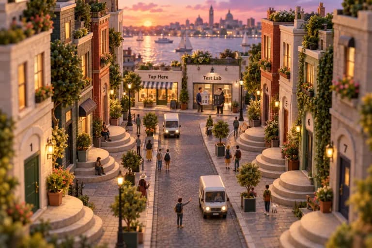 A narrow, single-lane boulevard runs the length of the town like a phone held upright, hemmed in by slim one-column buildings stacked one after another instead of sprawling sideway