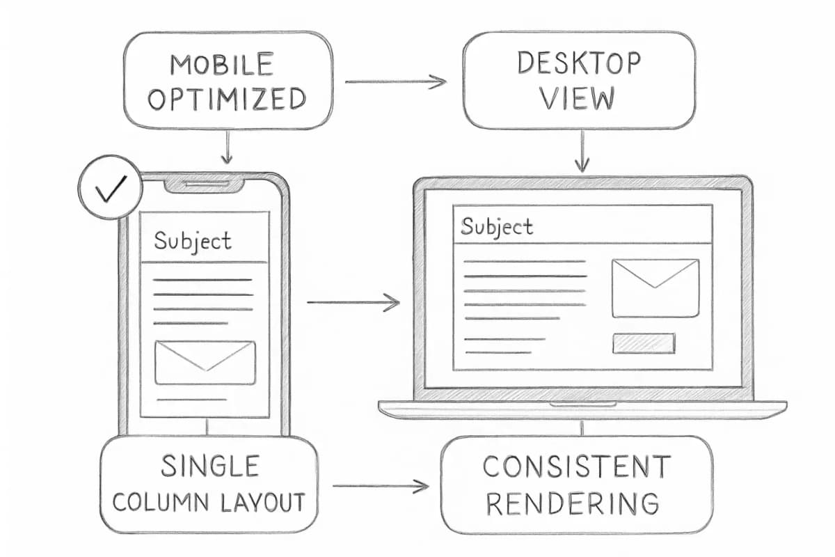 Comparaison écran divisé montrant la mise en page d'un email sur mobile (à gauche) par rapport à un bureau (à droite). Le côté mobile affiche un email responsive monocolonne qui s'affiche parfaitement sur un écran de smartphone avec du texte lisible et des éléments correctement empilés. Le côté bureau montre le même email sur un écran plus large. Incluez un cadre de dispositif smartphone sur la gauche montrant la vue mobile optimisée, et un cadre de bureau/ordinateur portable à droite. Ajoutez une icône de coche sur la version mobile pour indiquer que c'est l'approche correcte. L'image devrait souligner comment le design responsive garantit un rendu cohérent sur tous les appareils.