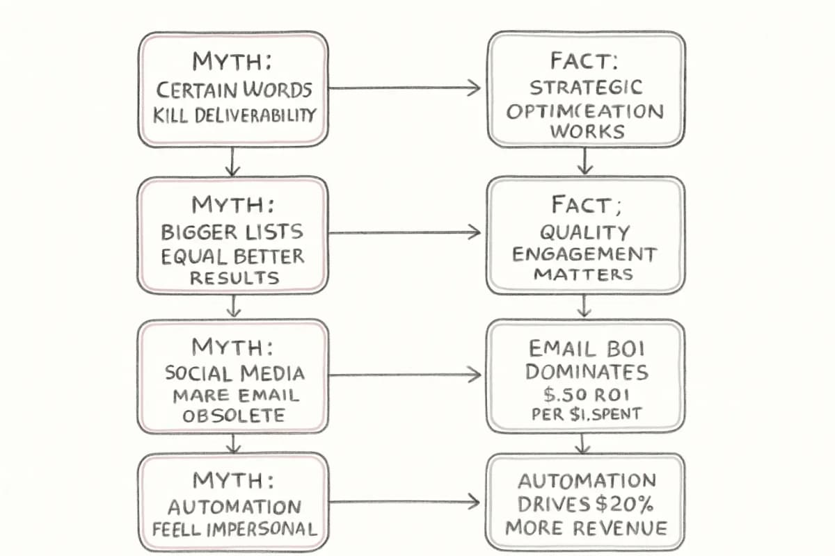 Infographie de comparaison côte à côte montrant les mythes du email marketing à gauche par rapport aux faits à droite. Le côté gauche montre les idées reçues courantes (certains mots tuent la délivrabilité, les plus grandes listes signifient de meilleurs résultats, les réseaux sociaux ont rendu l'email obsolète, les emails automatisés semblent impersonnels). Le côté droit montre les faits soutenus par les données contredisant chaque mythe. Utilisez des couleurs contrastées (rouge pour les mythes, vert pour les faits) avec une séparation visuelle claire. Incluez les statistiques pertinentes mentionnées dans l'article, comme 36 euros de ROI par euro dépensé et 320% plus de revenus des emails automatisés.