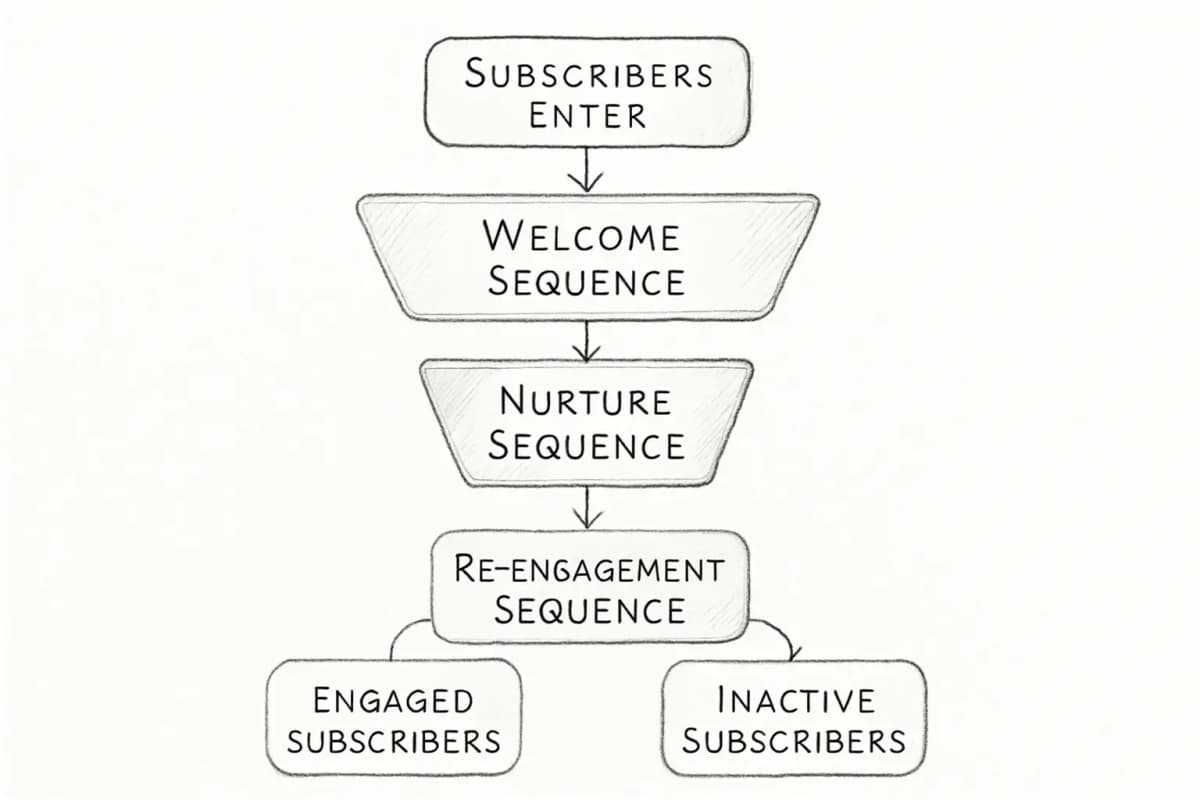Diagramme d'entonnoir d'automatisation d'email montrant trois étapes séquentielles: Séquence de bienvenue (point d'entrée de l'abonné initial), Séquence de nutrition (étape intermédiaire avec plusieurs points de contact) et Séquence de réengagement (étape finale ciblant les abonnés inactifs). Chaque étape doit montrer un filtrage progressif ou un mouvement des abonnés à travers l'entonnoir, avec des flèches indiquant la direction du flux. Inclure une distinction visuelle entre les étapes en utilisant des dégradés de couleur ou des bordures. L'entonnoir devrait se réduire légèrement à chaque étape pour représenter la segmentation et le filtrage des abonnés en fonction de l'engagement.