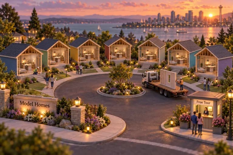 A short cul-de-sac lined with seven identical prefab model houses, each one half-built and open at the front so the same room layout shows through, painted a different color and se