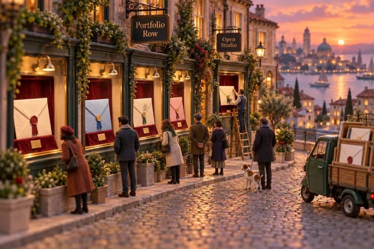 A short cobbled street lined with narrow buildings whose ground floors are open display cases, each holding a single oversized envelope propped upright on a velvet stand like a mus