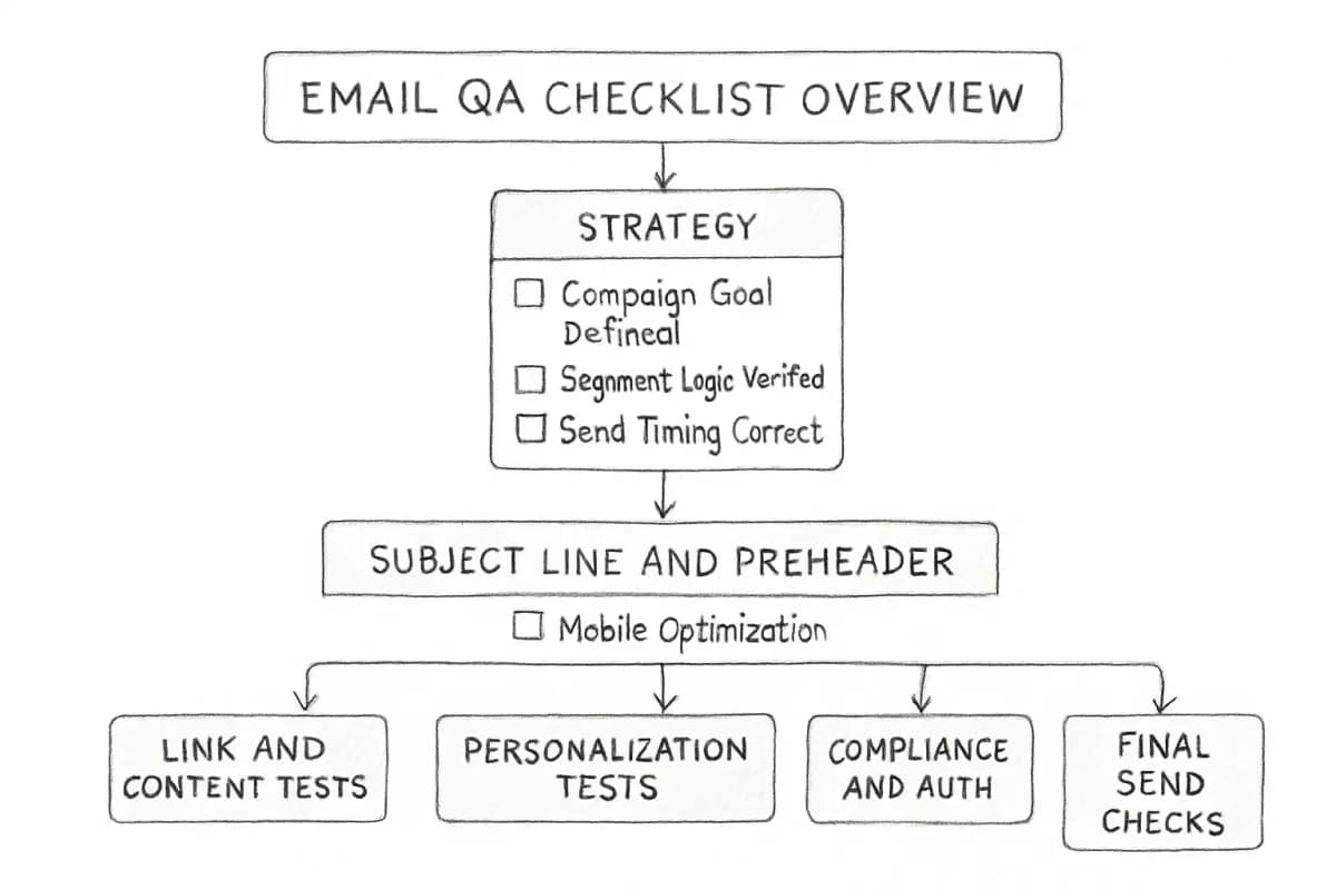 Aperçu de la liste de contrôle QA des emails organisé en 6 catégories avec 18 tests au total. La section supérieure affiche la catégorie Stratégie (tests 1-3) avec des cases à cocher pour la définition de l'objectif de campagne, la logique de segment et le calendrier d'envoi. Les sections du milieu affichent la catégorie Ligne d'objet et Prévisualisation (tests 4-6) avec les vérifications d'optimisation mobile. Les catégories supplémentaires se ramifient ci-dessous, notamment les tests de liens et contenu, les tests de contenu personnalisé et dynamique, les tests de conformité et d'authentification, et les vérifications d'envoi final. Chaque test apparaît comme un élément de case à cocher dans sa boîte de catégorie. La hiérarchie visuelle utilise un code couleur par catégorie. La disposition est propre et scannable, formatée comme un formulaire d'assurance qualité pré-envoi que les marketeurs utiliseraient avant de lancer une campagne d'email.