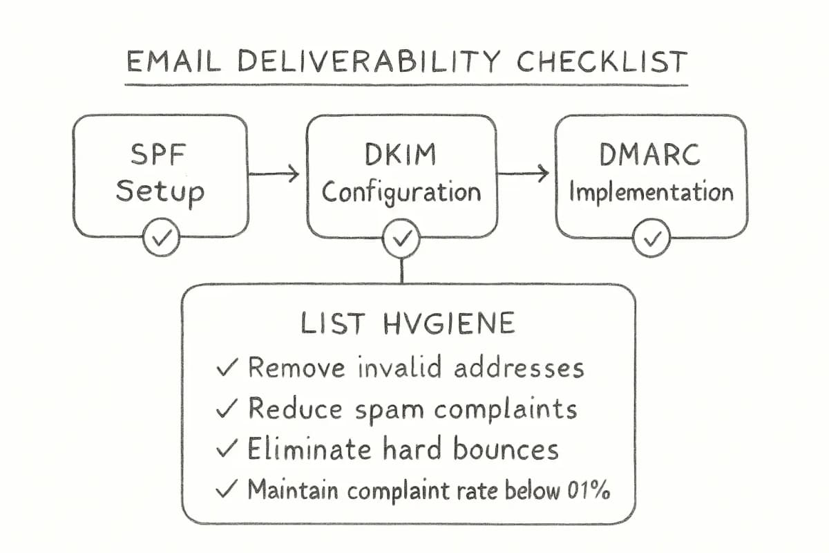 Organigramme de liste de contrôle de délivrabilité email montrant trois méthodes d'authentification comme étapes séquentielles. La première case contient la configuration SPF avec une coche, la deuxième case contient la configuration DKIM avec une coche, la troisième case contient l'implémentation DMARC avec une coche. Les trois cases sont reliées par des flèches s'écoulant de gauche à droite. Sous la liste de contrôle, afficher une section d'hygiène des listes avec les éléments suivants: supprimer les adresses invalides, réduire les plaintes de spam, éliminer les hard bounces, maintenir le taux de plainte en dessous de 0,1 pour cent. Utilisez un design propre et professionnel avec des coches et des accents verts pour indiquer la conformité.