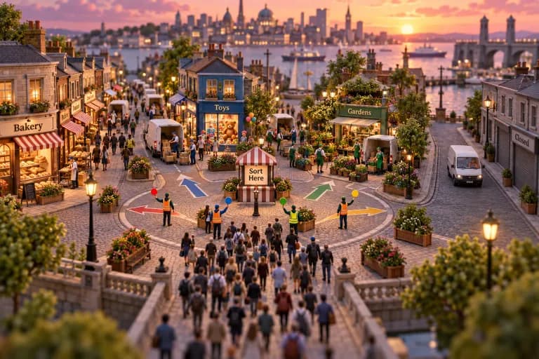 A single wide boulevard packed with tiny commuters narrows into a round sorting plaza, where painted lane arrows fan the crowd out into four distinct side streets — each one lined