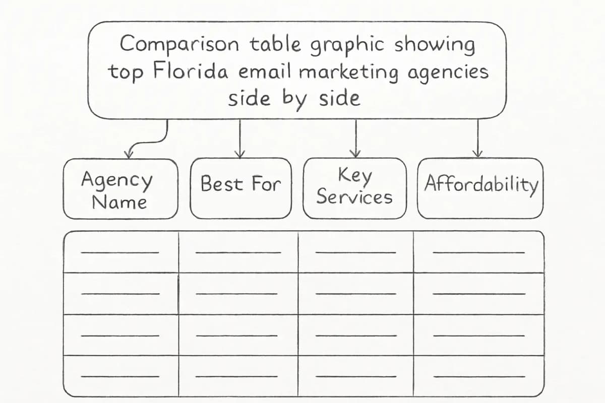 Graphique de table de comparaison affichant les meilleures agences email marketing de Floride côte à côte. Incluez des colonnes pour le nom de l'agence, idéal pour (client cible), services/spécialités clés et gamme de prix approximatif ou niveau d'accessibilité. Afficher au moins 3 à 4 agences avec leurs facteurs de différenciation en évidence. Utilisez une mise en page de table épurée avec des couleurs de lignes alternées pour une meilleure lisibilité.