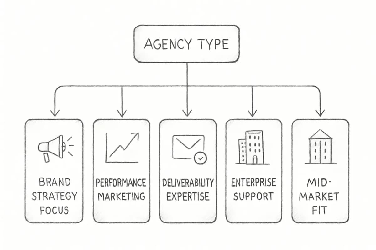 Comparison matrix or grid showing different Houston email marketing agencies organized by their core specialties. Include columns for agency name/type, specialties (such as brand strategy, performance marketing, deliverability focus, enterprise support, mid-market focus), and key differentiators. Use a clean table or card-based layout with visual icons representing each specialty area. The comparison should help readers at a glance understand which agency type matches their business needs based on whether they prioritize brand-building versus revenue-focused email marketing.