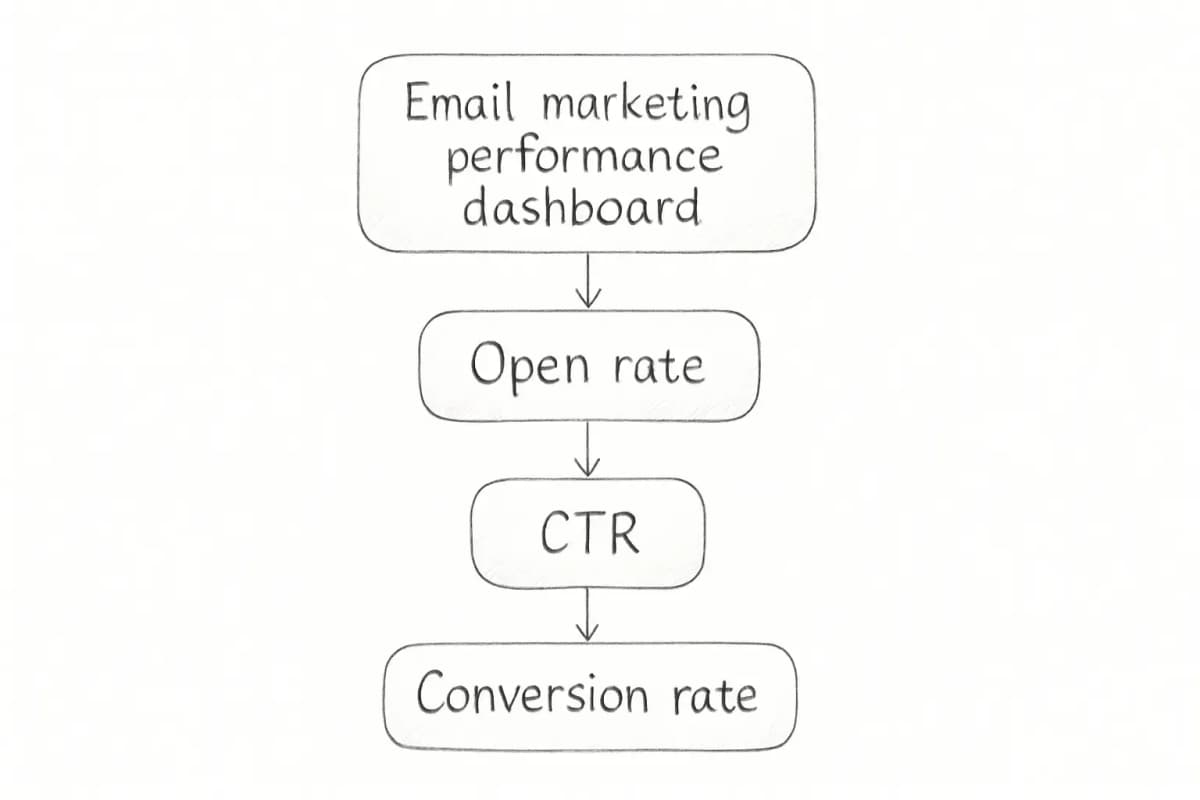 Email marketing performance dashboard showing open rate, CTR, and conversion rate metrics