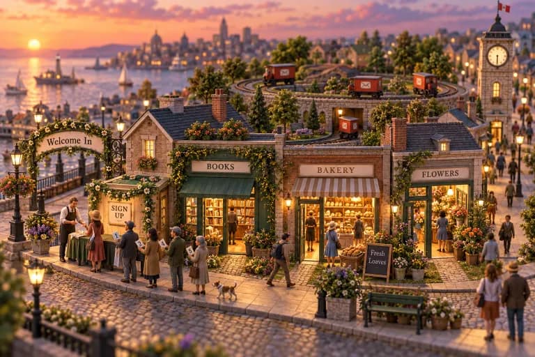 A single compact main street where a small shop owner stands beside a garlanded signup booth, handing envelopes to a neat line of customers who have each taken a numbered ticket; a