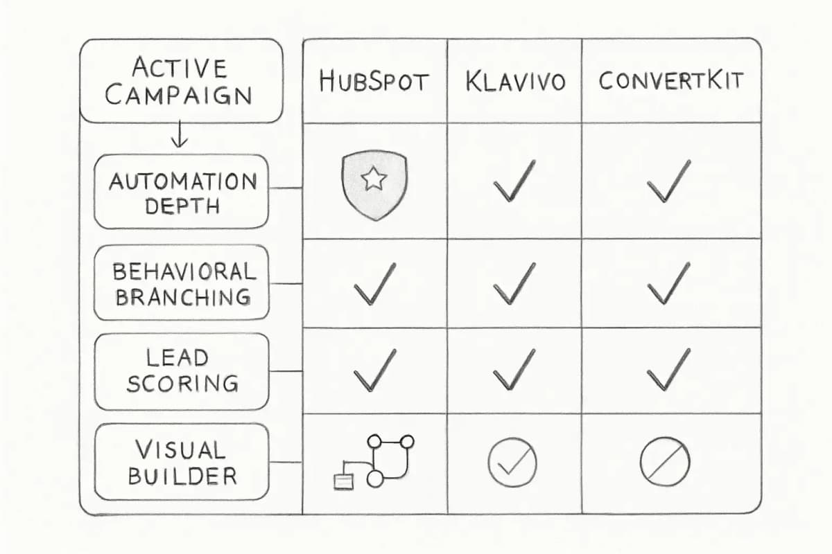 Tableau ou matrice de comparaison des plateformes d'email marketing montrant ActiveCampaign et d'autres plateformes principales (comme HubSpot, Klaviyo, ConvertKit) côte à côte avec les principales fonctionnalités d'automation en évidence. Inclure des colonnes pour la profondeur de l'automation, les capacités de branchement comportemental, la notation des leads, les workflows de cycle de vie et la complexité du constructeur de workflow visuel. Utiliser une disposition propre sous forme de tableau ou de grille avec des cases à cocher, des icônes de fonction ou des badges de capacité pour montrer quelles plateformes excellent dans quels domaines. Le visuel doit souligner qu'ActiveCampaign offre la logique d'automation la plus profonde par rapport aux concurrents.