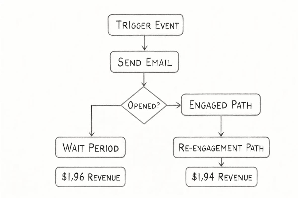 Email marketing automation workflow diagram showing the complete funnel from trigger event to revenue generation. Includes trigger points (subscriber actions or time-based events), initial email sent, wait periods, conditional decision points (opened/clicked?), and diverging paths for engaged subscribers vs. re-engagement sequences. Show revenue metrics comparison: top 10% workflows generating $16.96 per recipient vs. average workflows at $1.94 per recipient. Use clear boxes connected by arrows, with decision diamonds for conditional branches.