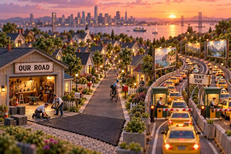 A single small garage workshop sits at the edge of a miniature town, and from its open door a freshly paved private road runs straight into a dense neighborhood of little houses, e