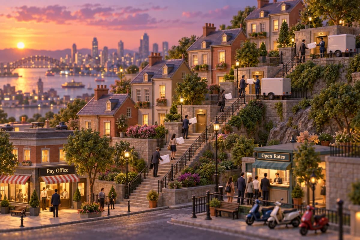 A stepped avenue climbs a hillside, where three rows of row houses sit at rising heights like rungs of a pay ladder, each rooftop a little taller than the one before.