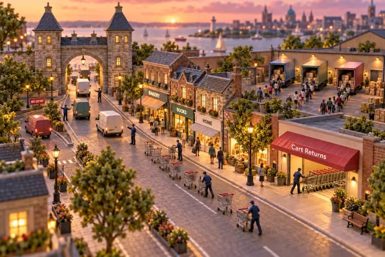 A miniature shopping district where a wide main street funnels toward a single arched gatehouse, and tiny uniformed inspectors wave some delivery vans through while others are turn