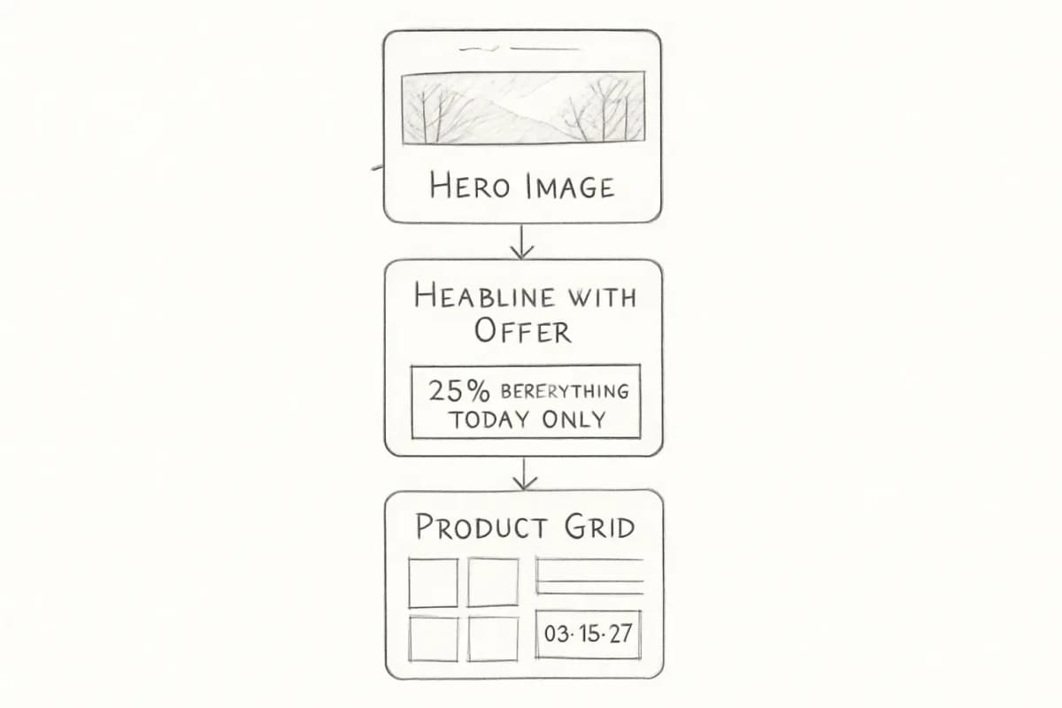 Schéma de mise en page du modèle d'email montrant les composants structurels clés d'un email promotionnel e-commerce à conversion élevée. Affiche une maquette d'email mobile/desktop verticale avec sections clairement étiquetées dans l'ordre: image hero en haut (montrant le contexte saisonnier), titre prominent ci-dessous énonçant l'offre avec urgence (25% de réduction sur tout, aujourd'hui seulement), bouton d'appel à l'action unique et principal, section de grille de produits affichant 4 à 6 articles en vedette ou populaires en disposition sur 2 colonnes, et un élément de date limite ou d'urgence (comme un minuteur de compte à rebours ou une date d'expiration) placé près de l'appel à l'action. Utilisez un design épuré et professionnel avec une hiérarchie visuelle claire montrant comment chaque section s'enchaîne de haut en bas. Incluez des guides d'espacement subtils montrant l'espacement entre les sections.