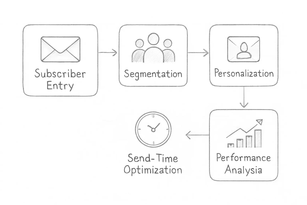 Un diagramme de flux montrant quatre étapes connectées du marketing email piloté par l'IA. Commencez par un abonné entrant dans le système sur la gauche. Une flèche s'écoule vers la première étape intitulée 'Segmentation' montrant l'audience divisée en groupes. Une flèche s'écoule vers la deuxième étape intitulée 'Personnalisation' avec personnalisation email individuelle. Une flèche s'écoule vers la troisième étape intitulée 'Optimisation du Moment d'Envoi' avec icône d'horloge indiquant le timing. Une flèche s'écoule vers l'étape finale intitulée 'Analyse de Performance' montrant les métriques et le suivi de conversion. Utilisez un design propre et moderne avec des icônes pour chaque étape, une palette de couleurs bleu doux et gris, et des flèches de connexion subtiles entre les boîtes.