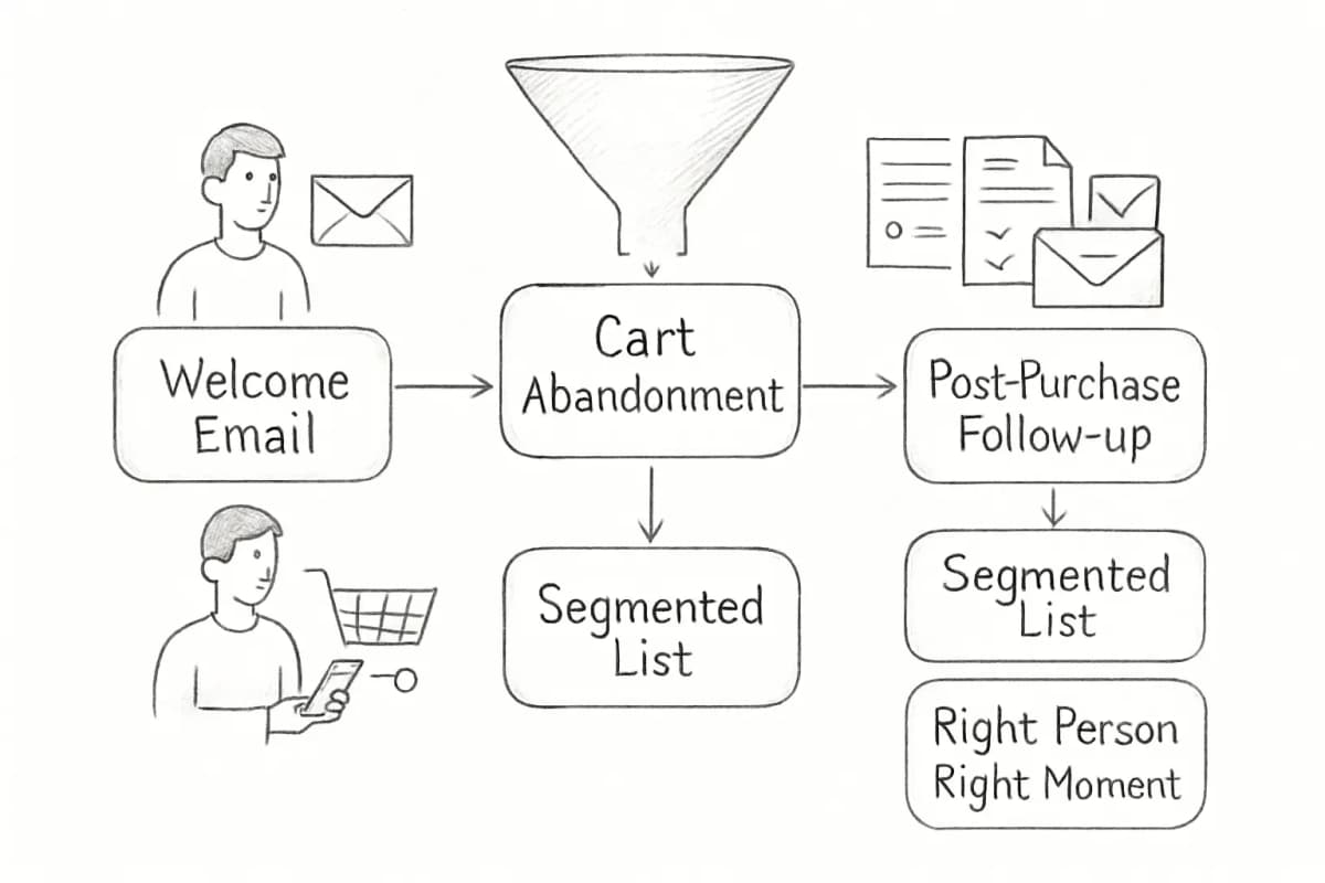 Diagramme d'entonnoir email marketing e-commerce montrant trois étapes séquentielles: étape d'email de bienvenue avec un nouvel abonné entrant dans l'entonnoir; étape d'email de panier abandonné au milieu montrant un client avec des articles abandonnés; étape d'email post-achat à la fin montrant la confirmation de commande et les emails de suivi. Incluez des flèches passant de gauche à droite reliant chaque étape. L'élément visuel devrait souligner la progression du parcours et montrer les points de contact d'email à chaque moment critique du cycle de vie du client.