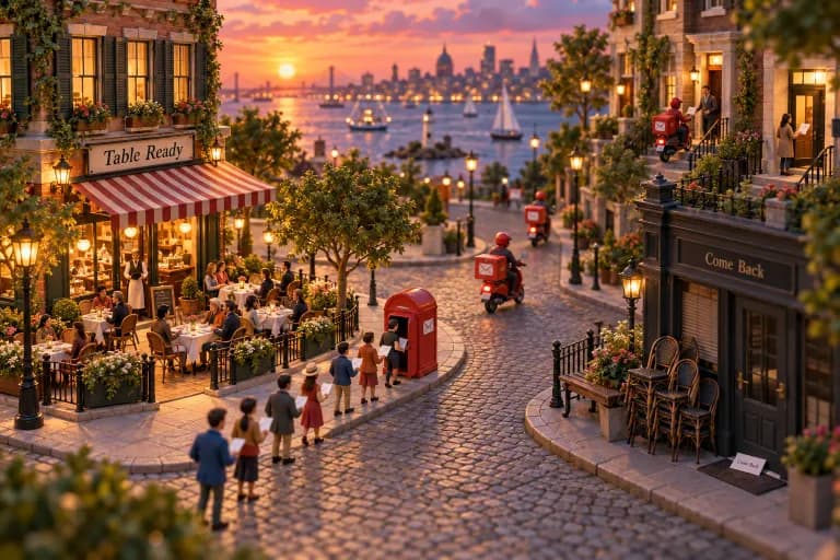 A cobbled restaurant block where a corner bistro's patio tables, set with tiny white cloths, fill one by one as a line of little diners walks in from a red mailbox at the curb.