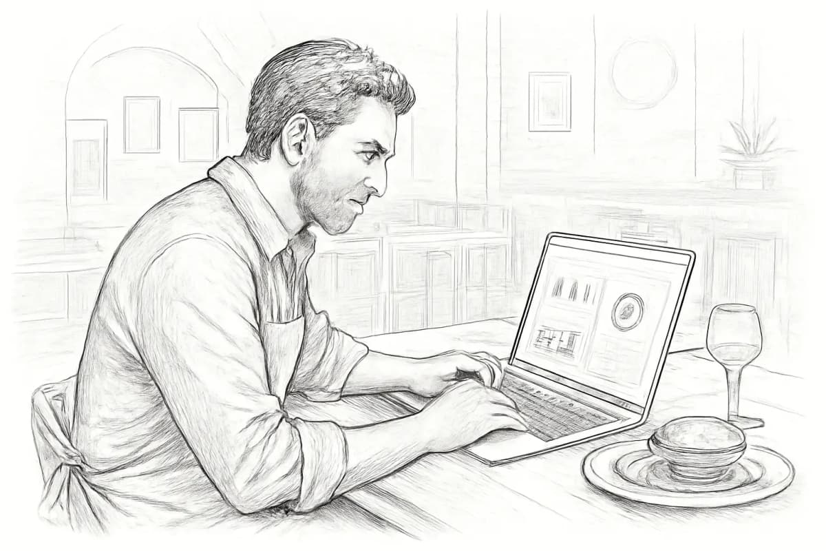 Propriétaire de restaurant consultant l'analyse email marketing sur un ordinateur portable à une table avec de la nourriture en arrière-plan