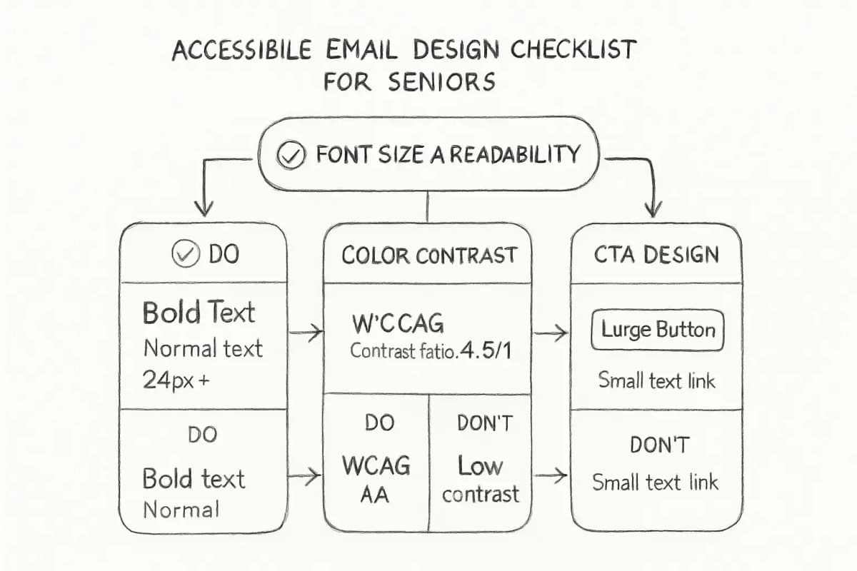Checklist d'accessibilité du design email pour les seniors affichée sous forme de liste de vérification verticale ou de mise en page en cartes. Montrez trois sections principales avec des icônes et des cases à cocher: (1) Taille de police et lisibilité avec exemple de texte à 18px+ pour gras et 24px+ pour poids normal, (2) Contraste de couleur montrant des comparaisons côte à côte de ratios de contraste conformes à WCAG AA (minimum 4,5:1) par rapport à du texte non conforme, et (3) Design CTA présentant de grands boutons avec des étiquettes claires par rapport à de petits liens de texte. Incluez des exemples visuels de BON et MAUVAIS pour chaque section. Utilisez une palette de couleurs accessible avec un contraste élevé entre l'arrière-plan et le texte.
