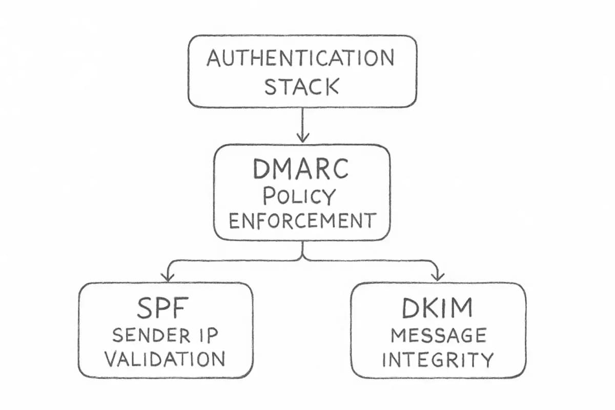 Diagramme de pile d'authentification email montrant trois composants interconnectés : SPF (Sender Policy Framework) à gauche, DKIM (DomainKeys Identified Mail) au centre et DMARC (Domain-based Message Authentication, Reporting, and Conformance) à droite. DMARC est situé au-dessus et se connecte à la fois à SPF et à DKIM avec des flèches pointant vers le bas, illustrant que DMARC utilise les résultats SPF et DKIM pour appliquer les politiques d'authentification. Incluez des indicateurs visuels montrant comment chaque couche valide différents aspects de l'authenticité des emails (SPF valide l'IP de l'expéditeur, DKIM valide l'intégrité du message, DMARC définit les règles d'application). Utilisez un style propre et technique avec des cases ou des cercles pour chaque composant, des lignes de connexion avec des flèches directionnelles et un codage de couleur subtil pour différencier les trois méthodes d'authentification.