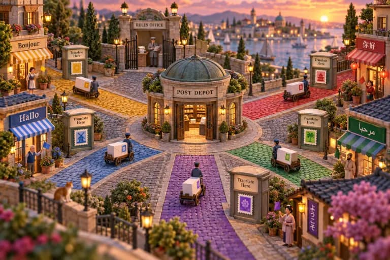 A round central post depot sits at the hub of five cobbled streets, each paved a different color, where identical white envelopes roll out on tiny carts and change their stamps at