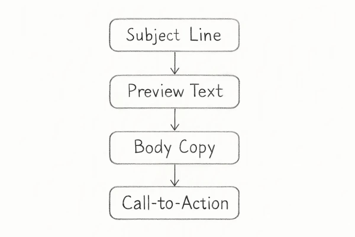 Diagramme de structure de modèle d'email montrant les quatre composants clés d'un email marketing en disposition verticale: ligne d'objet en haut (avec texte d'aperçu dessous), suivi de la section du corps du message au milieu et du bouton d'appel à l'action en bas. Utilisez un design épuré et minimaliste avec des zones étiquetées montrant comment chaque élément s'enchaîne au suivant. Mettez en évidence le CTA comme l'élément le plus prominent. Incluez des flèches subtiles ou des espacements pour montrer le flux de lecture logique de haut en bas.