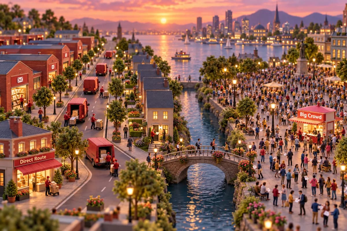 Two small districts face each other across a narrow river: on the left, a tidy grid of postbox-red mailrooms where uniformed couriers load sealed envelopes into vans that roll stea