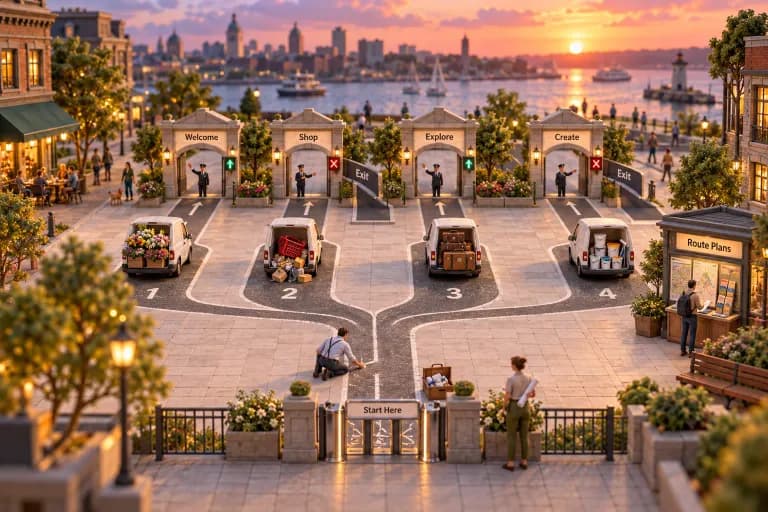 A miniature downtown block laid out like a blank planning grid: a wide plaza of pale paving squares with empty ruled panels waiting to be filled, where tiny architects kneel with c
