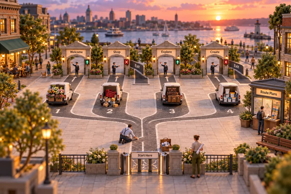 A miniature downtown block laid out like a blank planning grid: a wide plaza of pale paving squares with empty ruled panels waiting to be filled, where tiny architects kneel with c