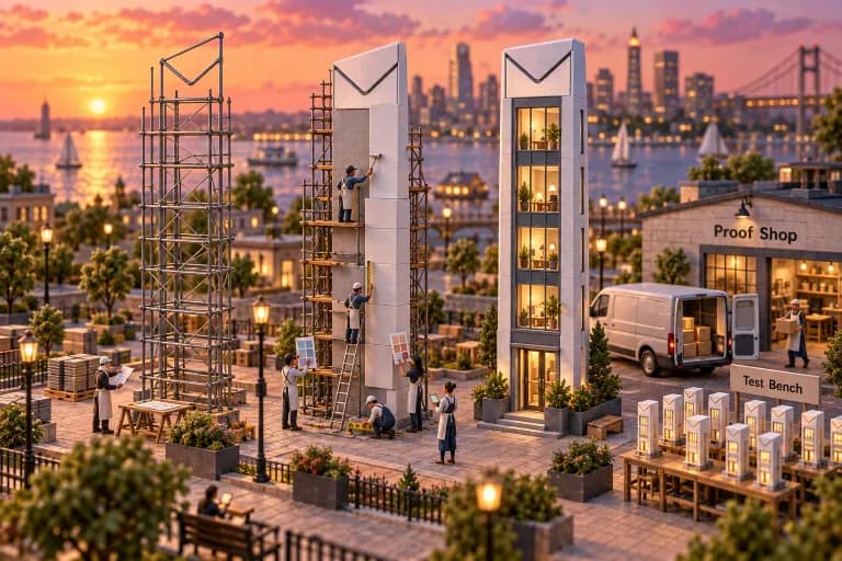 A miniature drafting plaza where a narrow, tower-tall email is being built in stages: a wire-frame skeleton of scaffolding poles on the left, a half-clad version with blank paper p