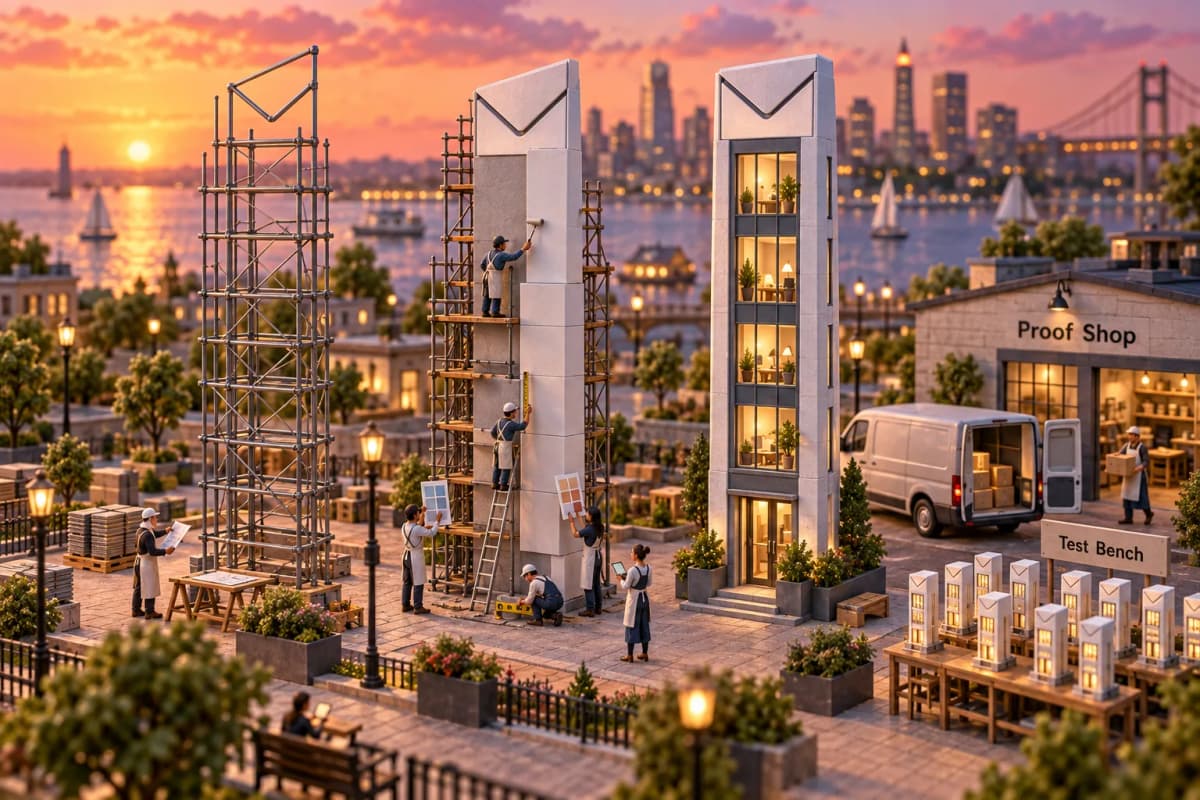 A miniature drafting plaza where a narrow, tower-tall email is being built in stages: a wire-frame skeleton of scaffolding poles on the left, a half-clad version with blank paper p