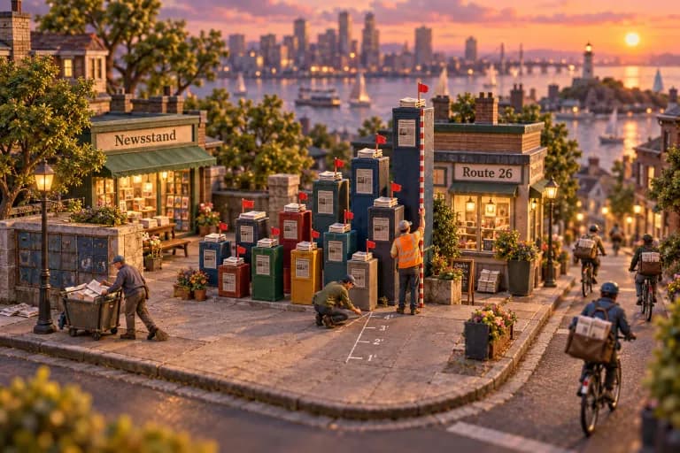 A compact newsstand plaza where rows of tiny newspaper boxes rise at different heights like a skyline, each one topped with a small folded paper and a red flag showing whether it w