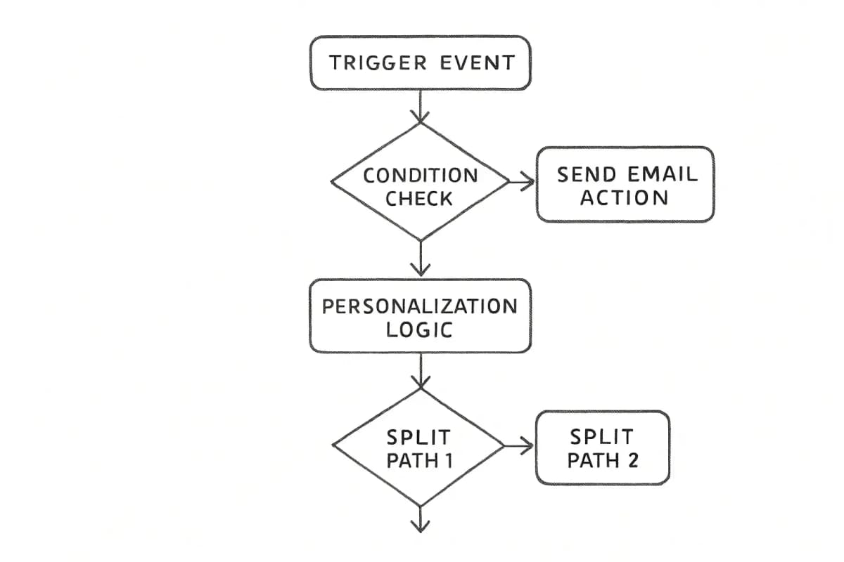 Email automation workflow flowchart showing the complete automation sequence: a trigger event (subscriber action) feeds into decision conditions (behavior-based rules), which branch into multiple action paths (send email, wait period, personalization rules, conditional splits). The diagram should show left-to-right flow with clear decision diamonds for conditional logic and rectangular action boxes. Include examples like 'trigger' leading to 'condition check' (opened email, clicked link, abandoned cart) branching into parallel 'action' nodes (send promotional email, apply discount, segment subscriber, pause sequence). Use arrows to show flow direction and connectors between stages.