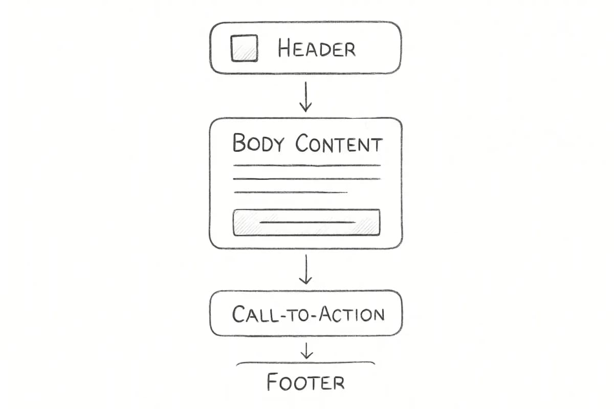 Diagramme de structure de modèle d'email montrant quatre sections empilées verticalement: section d'en-tête en haut contenant logo et navigation, section de corps au milieu contenant le contenu principal et le texte de paragraphe, section d'appel à l'action (CTA) sous le corps, et section de pied de page en bas contenant les liens et les infos de l'entreprise. Chaque section doit être clairement étiquetée et visuellement distincte avec des lignes de division subtiles entre elles.