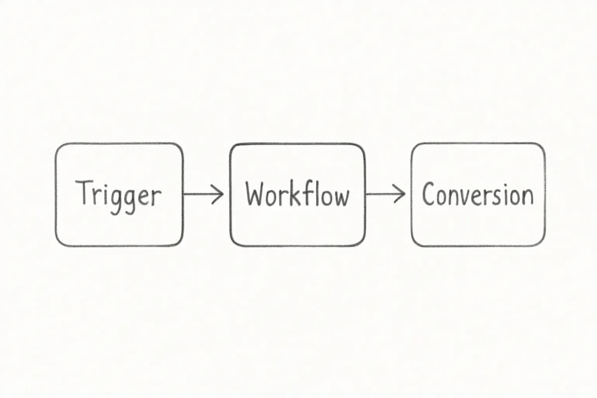 Email marketing automation funnel diagram showing the three core stages of automated workflows. The diagram flows left to right with three connected boxes: first box labeled 'Trigger' showing an entry point (subscriber action or time-based event), middle box labeled 'Workflow' showing the automated sequence of emails and decision points, final box labeled 'Conversion' showing the desired business outcome. Include arrows connecting each stage to show the flow direction. Use a clean, professional design with a blue and white color scheme typical of marketing automation platforms.