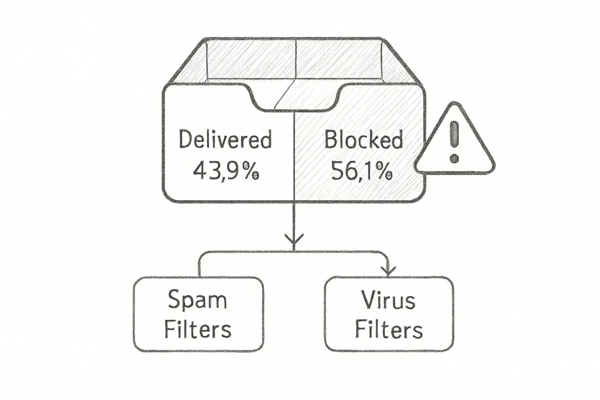 Visualisation de la crise de la délivrabilité des emails montrant 56% des emails bloqués. Affichage d'une grande icône de boîte de réception divisée en deux sections : la section la plus petite (43,9%) intitulée 'Livrés' en vert montrant les emails qui atteignent avec succès les boîtes de réception, et la section la plus grande (56,1%) intitulée 'Bloqués' en rouge montrant les emails filtrés par les filtres anti-spam et antivirus avant d'atteindre une boîte de réception. Incluez les pourcentages et une icône d'avertissement pour souligner l'ampleur de la crise.