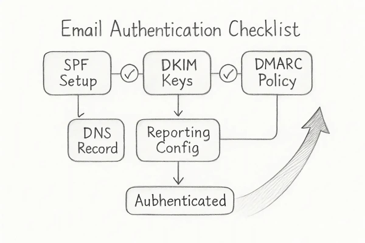 Email authentication checklist diagram showing three sequential authentication protocols: SPF (Sender Policy Framework) with setup steps including DNS record configuration, DKIM (DomainKeys Identified Mail) with key generation and DNS publication steps, and DMARC (Domain-based Message Authentication, Reporting and Conformance) with policy settings and reporting configuration. Each protocol box should show 2-3 specific setup steps in a left-to-right flow. Include checkmark icons for completed items and highlight the connection between all three as an integrated authentication stack. Add visual indicators showing these work together to improve deliverability rates.