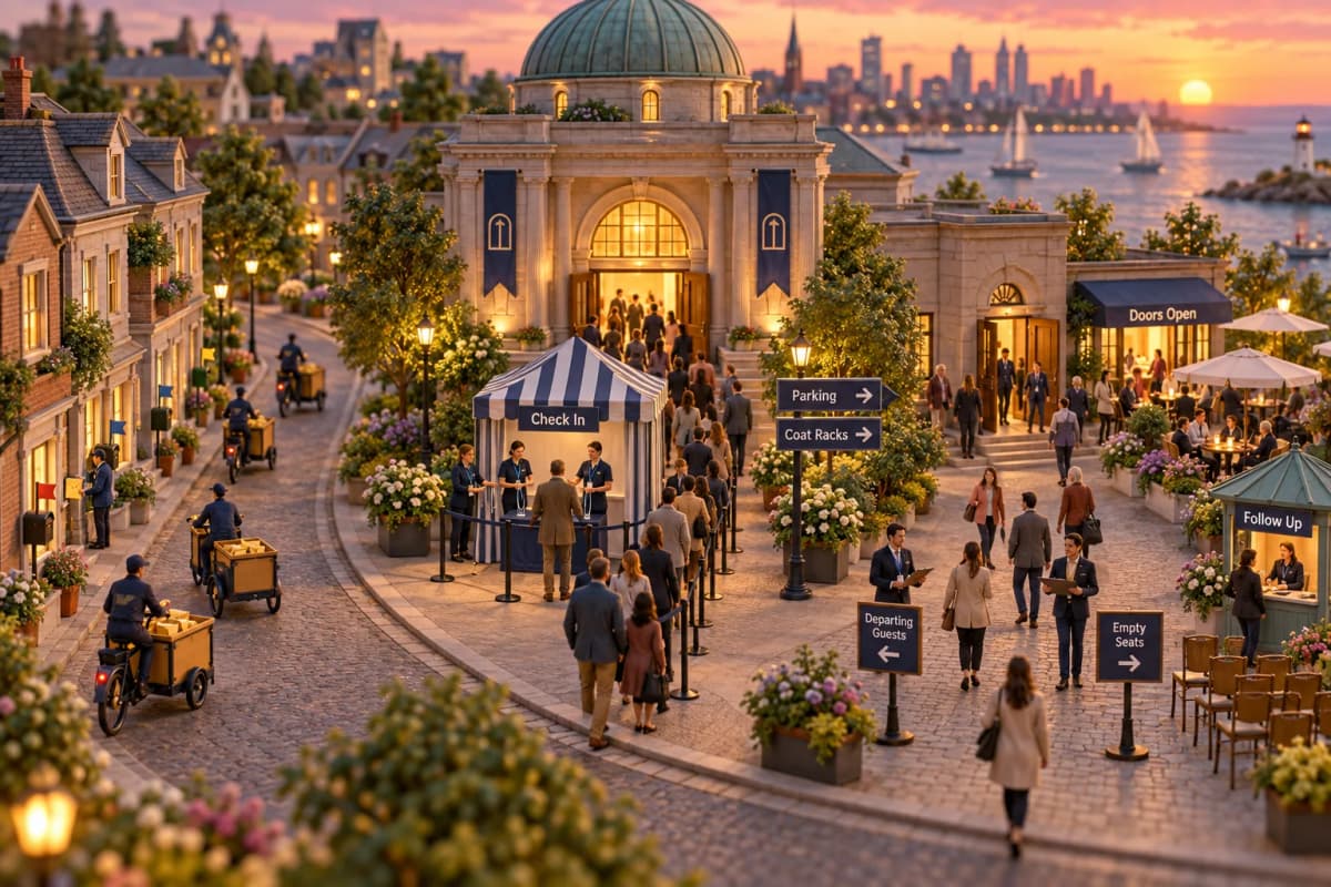 A single curved boulevard runs through a tiny downtown in three stages: on the left, uniformed couriers pedal cargo trikes stacked with gold envelopes toward rows of townhouse door
