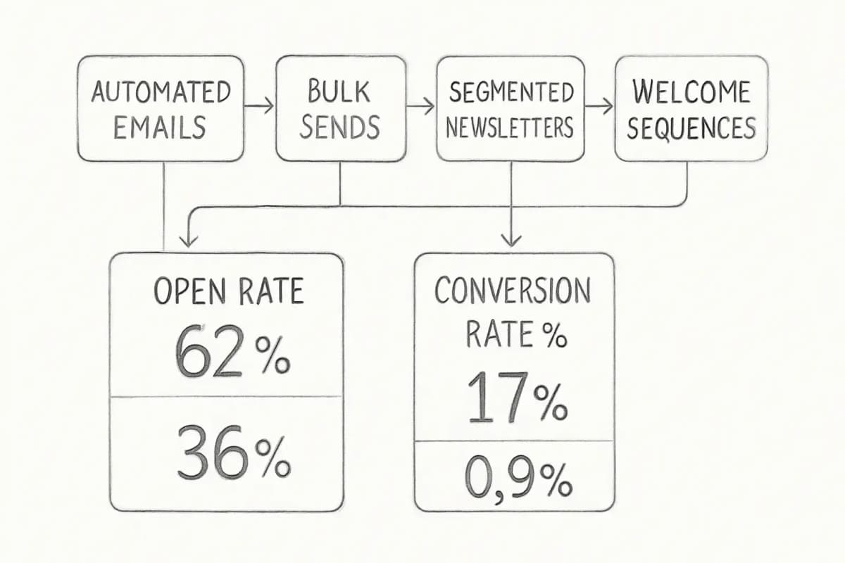 Graphique comparatif montrant les types de campagnes d'email marketing et leurs benchmarks de performance. Affiche quatre principaux types de campagnes (Emails automatisés, Envois en masse, Newsletters segmentées, Séquences de bienvenue) sous forme de barres ou colonnes verticales. Pour chaque type, affichage de deux métriques : pourcentage de taux d'ouverture et pourcentage de taux de conversion. Mettez en évidence que les emails automatisés ont des taux d'ouverture 1,7 fois supérieurs aux envois en masse et des taux de conversion 18 fois supérieurs aux communications de masse. Utilisez des couleurs contrastées pour montrer les différences de performance, avec les emails automatisés et les séquences de bienvenue en couleurs plus fortes pour indiquer une performance supérieure. Inclure des étiquettes numériques et des indicateurs de pourcentage pour chaque métrique.