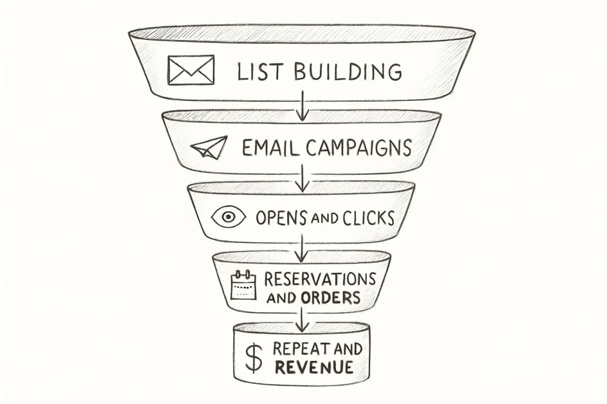 Restaurant email marketing funnel visualization showing the progression from initial list building through engagement metrics to final business outcomes. The funnel should display five sequential stages: (1) List Building at the top (widest section, showing email list growth from first-time diners), (2) Email Campaigns flowing downward (showing multiple campaign touchpoints), (3) Engagement Metrics in the middle (opens and clicks represented as narrowing funnel), (4) Action Metrics (reservations made, orders placed), and (5) Revenue and Loyalty at the bottom (narrowest section, showing repeat guests and attributed revenue). Use a restaurant-themed color palette with warm tones. Include subtle icons representing each stage: envelope for list building, paper plane for campaigns, eye for opens, cursor for clicks, calendar for reservations, shopping bag for orders, and dollar sign for revenue. The overall visual should communicate that restaurant email marketing is a progression from building audience trust to driving measurable business outcomes.
