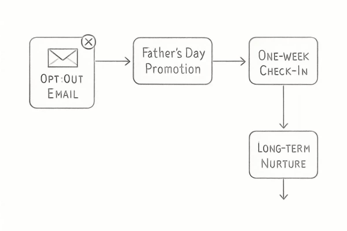 Chronologie de campagne email de Fête des Pères montrant le parcours client complet. Commencez par un email de refus en haut à gauche pour les abonnés qui ne célèbrent pas ou ont une sensibilité à la messagerie de Fête des Pères. La flèche s'écoule à droite vers l'email promotionnel principal de Fête des Pères. Puis s'écoule vers un email de suivi post-achat envoyé une semaine après la Fête des Pères. L'étape finale montre un email de suivi pour cultiver les relations client à long terme. Utilisez un flux horizontal de gauche à droite avec des boîtes rectangulaires pour chaque type d'email, reliées par des flèches. Incluez des indicateurs visuels subtils (coches ou icônes de conversion) aux points de décision clés pour montrer la progression de la campagne de la sensibilisation à la rétention.