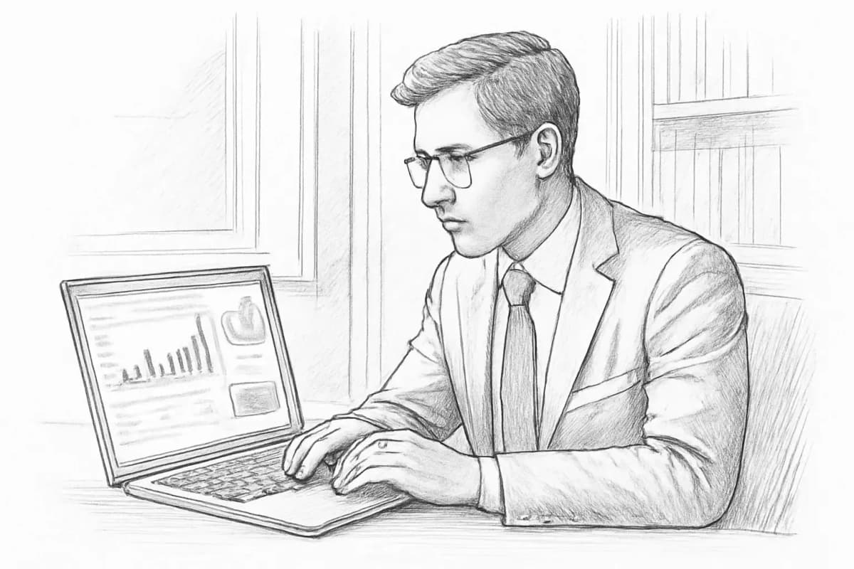 Conseiller financier examinant les performances de la campagne d'email sur un ordinateur portable avec des graphiques d'analyse visibles