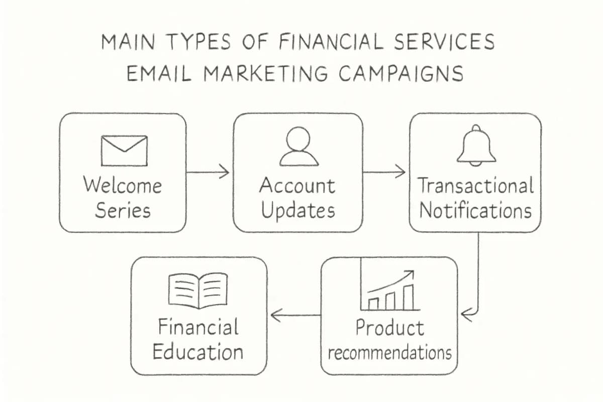 Un graphique visuel d'aperçu montrant les principaux types de campagnes d'email marketing pour services financiers. Affiche 5 à 6 boîtes ou cartes arrangées horizontalement ou en grille, chacune représentant un type de campagne: Séquence de Bienvenue, Mises à Jour de Compte, Notifications Transactionnelles, Contenu d'Éducation Financière, et Recommandations de Produits. Utilisez des icones ou des distinctions visuelles subtiles pour chaque type. Incluez des descripteurs brefs sous chaque libellé de type de campagne. Utilisez une palette de couleurs professionnelle pour services financiers (bleus, verts, gris). Montrez ces comme des options d'égal poids dans une disposition propre et organisée adaptée à une section d'aperçu.