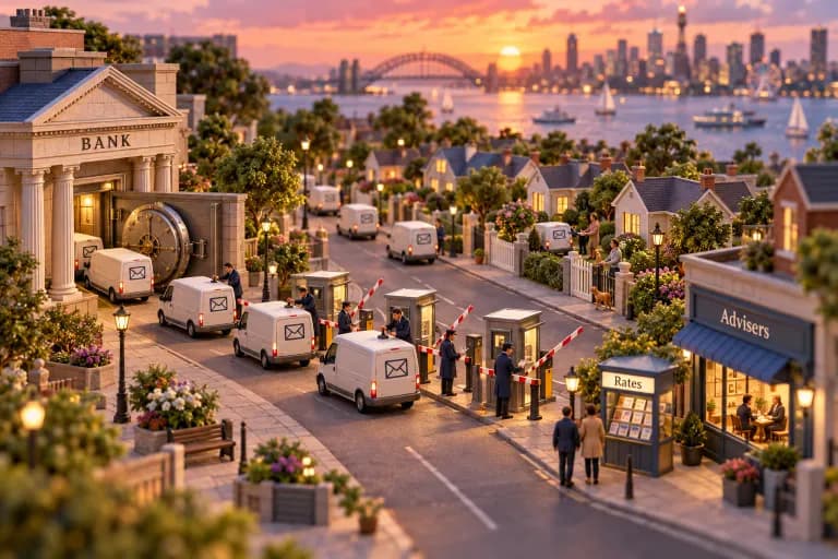 A compact financial quarter where a columned bank with a round vault door anchors the corner, and a fleet of envelope-shaped mail vans rolls out of its loading bay onto a single ma