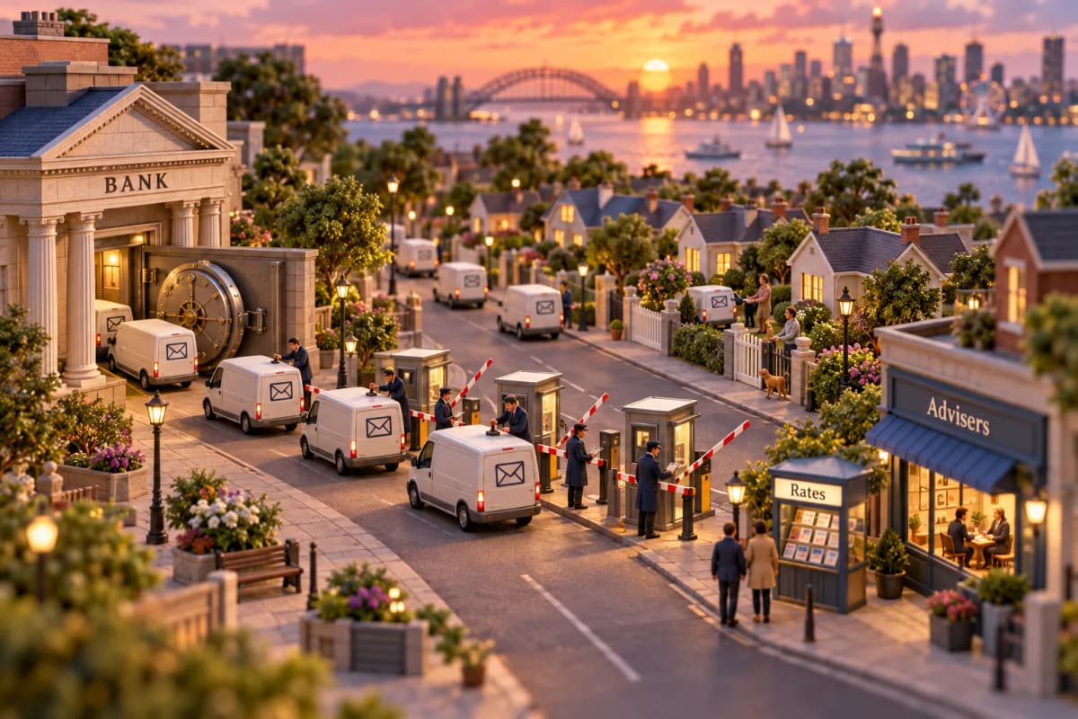 A compact financial quarter where a columned bank with a round vault door anchors the corner, and a fleet of envelope-shaped mail vans rolls out of its loading bay onto a single ma