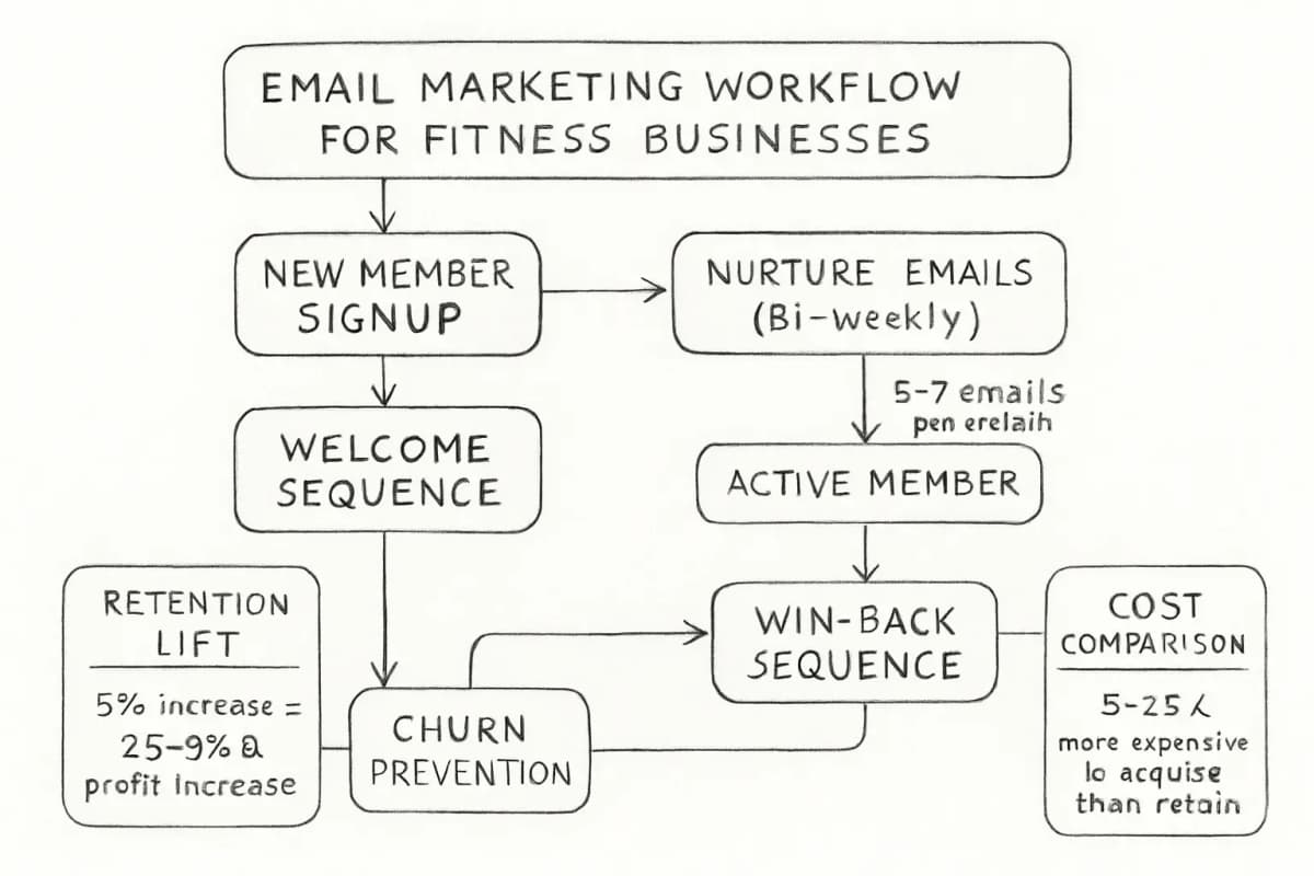 Email marketing workflow diagram for fitness businesses showing three sequential sequences: (1) Welcome sequence starting with new member signup, (2) Nurture sequence with bi-weekly engagement emails (5-7 emails per month), and (3) Win-back sequence for at-risk members showing re-engagement path. Include visual indicators for retention lift (5% increase = 25-95% profit increase) and cost comparison (5-25x more expensive to acquire than retain). Use arrows to show progression between sequences and member lifecycle stages.